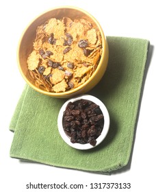 Bowl Of Raisin Bran Cereal With Extra Raisins Isolated