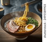 A bowl of ramen with noodles, meat and green onions, served in a wooden bowl.