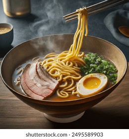 A bowl of ramen with noodles, meat and green onions, served in a wooden bowl. - Powered by Shutterstock