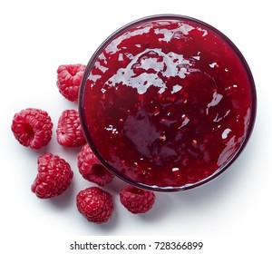 Bowl Of Raspberry Jam Isolated On White Background From Top View