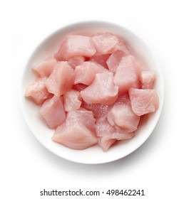 Bowl Of Raw Cut Chicken Fillet Isolated On White Background, Top View