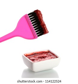 Bowl With Red Hair Color And Pink Brush, On White Background