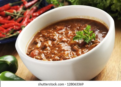 Bowl Of Red Hot Chili With Ground Beef, Beans And Legumes.