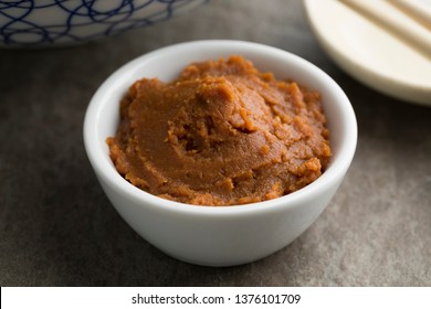 Bowl With Red Japanese Miso Paste As An Ingredient Close Up