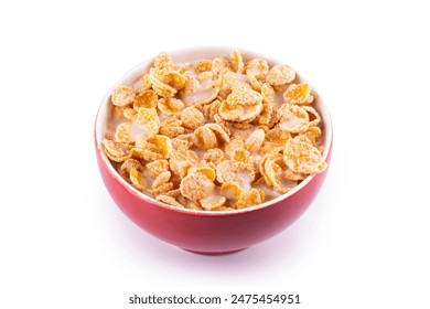 bowl of red morning cereal of cornflakes with sugar milk angle - Powered by Shutterstock