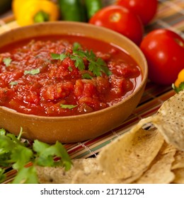 Bowl Of Red Salsa With Tortilla Chips