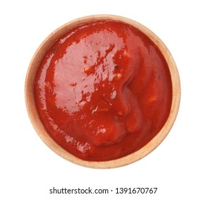 Bowl with red sauce isolated on white, top view - Powered by Shutterstock