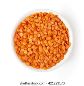 Bowl Of Red Split Lentil Isolated On White Background, Top View