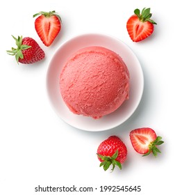 Bowl Of Red Strawberry Ice Cream Scoop Isolated On White Background, Top View