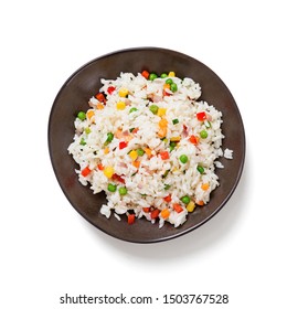 Bowl Of Rice With Vegetables Isolated On White Background, Top View.