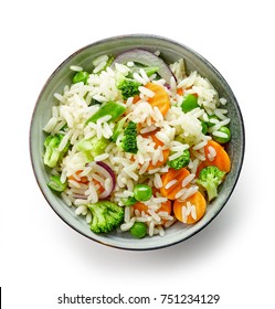 Bowl Of Rice And Vegetables Isolated On White Background, Top View