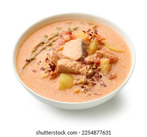 bowl of salmon and tomato soup isolated on white background - Shutterstock ID 2254877631