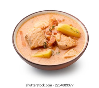 bowl of salmon and tomato soup isolated on white background - Shutterstock ID 2254883377