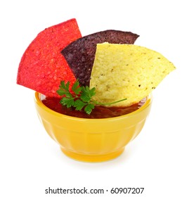 Bowl Of Salsa With Colorful Tortilla Chips Isolated On White Background