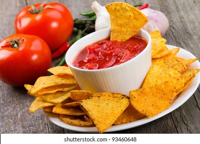 Bowl Of Salsa With Tortilla Chips