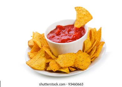 Bowl Of Salsa With Tortilla Chips On White Background