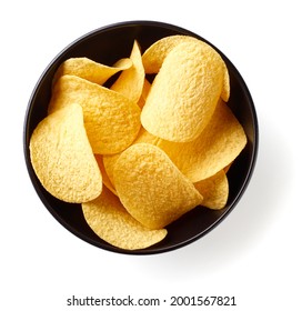 Bowl Of Salted Potato Based Chips Isolated On White Background, Top View