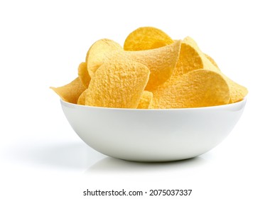 Bowl Of Salted Potato Based Chips Isolated On White Background