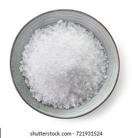 Bowl Of Sea Salt Isolated On White Background, Top View