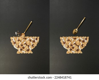 bowl shaped cornflakes and spoon on black background - Shutterstock ID 2248418741