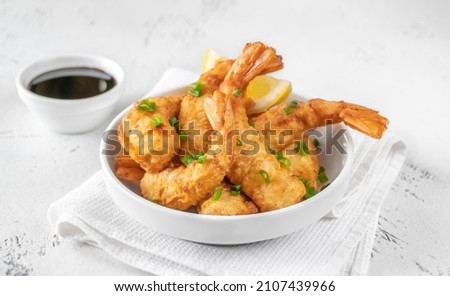 Bowl of Shrimp Tempura with soy sauce