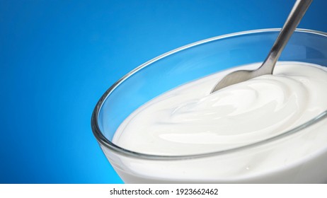 Bowl Of Sour Cream With Copy Space, Greek Yogurt With Spoon