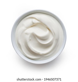 Bowl Of Sour Cream Or Greek Yogurt Isolated On White Background, Top View