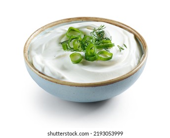 Bowl Of Sour Cream Or Greek Yogurt Isolated On White Background