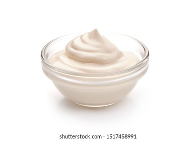 Bowl Of Sour Cream, Isolated On White Background.