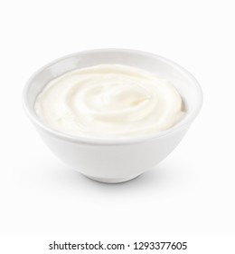 Bowl Of Sour Cream On White Background