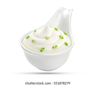 Bowl Of Sour Cream With Onion Isolated On White