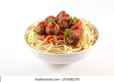 Bowl Of Spaghetti With Meatballs And Tomato Sauce Isolated On White Background