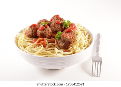bowl of spaghetti, tomato sauce and meatball