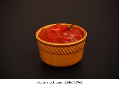 bowl with spicy ketchup with chili peppers on dark background - Shutterstock ID 2246756961