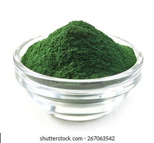 Bowl Of Spirulina Algae Powder Isolated On White