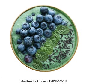 Bowl With Spirulina Smoothie On White Background