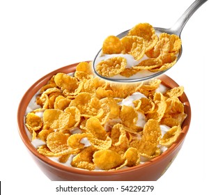 Bowl and spoon with corn flakes isolated on white background - Powered by Shutterstock