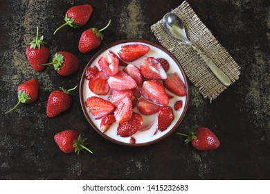 A Bowl Of Strawberries With Cream. Colorful Healthy Dessert. Keto Diet. Keto Dessert