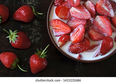 A Bowl Of Strawberries With Cream. Colorful Healthy Dessert. Keto Diet. Keto Dessert