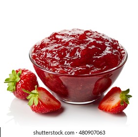 Bowl Of Strawberry Jam Isolated On White Background