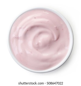 Bowl Of Strawberry Yogurt Isolated On White Background From Top View