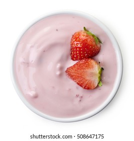 Bowl Of Strawberry Yogurt Isolated On White Background From Top View