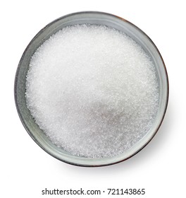 Bowl Of Sugar Isolated On White Background, Top View