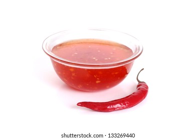 Bowl Sweet Chili Sauce Over White Background