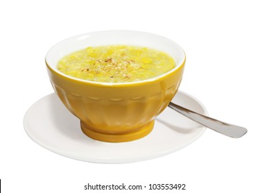 Bowl Of Sweet Corn Soup Isolated On White Background