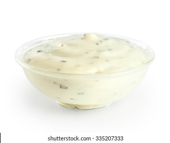 Bowl Of Tartar Sauce Isolated On White Background. Close Up.