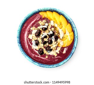 Bowl With Tasty Acai Smoothie On White Background, Top View