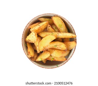 Bowl With Tasty Baked Potato On White Background