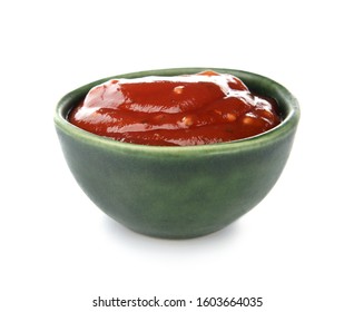 Bowl With Tasty Barbecue Sauce On White Background