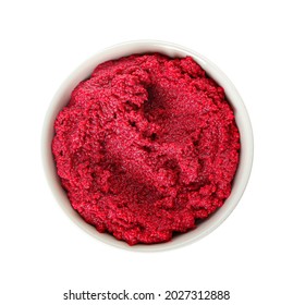 Bowl With Tasty Beet Hummus On White Background